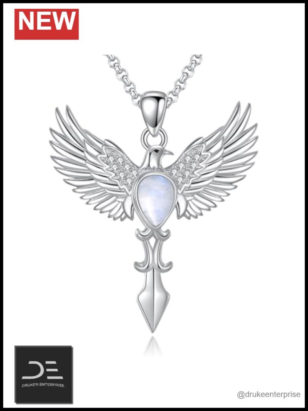 Sterling Silver Moonstone Phoenix Necklace, 925 Pendant, Mystical Bird Jewelry